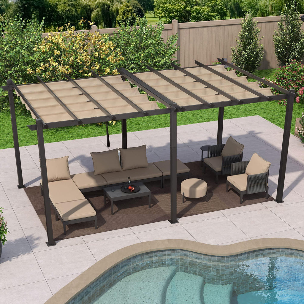 PURPLE LEAF Outdoor Pergola with Retractable Canopy Aluminum Shelter for Porch Garden  Beach Shade Pavilion Pergola Modern Backyard Deck