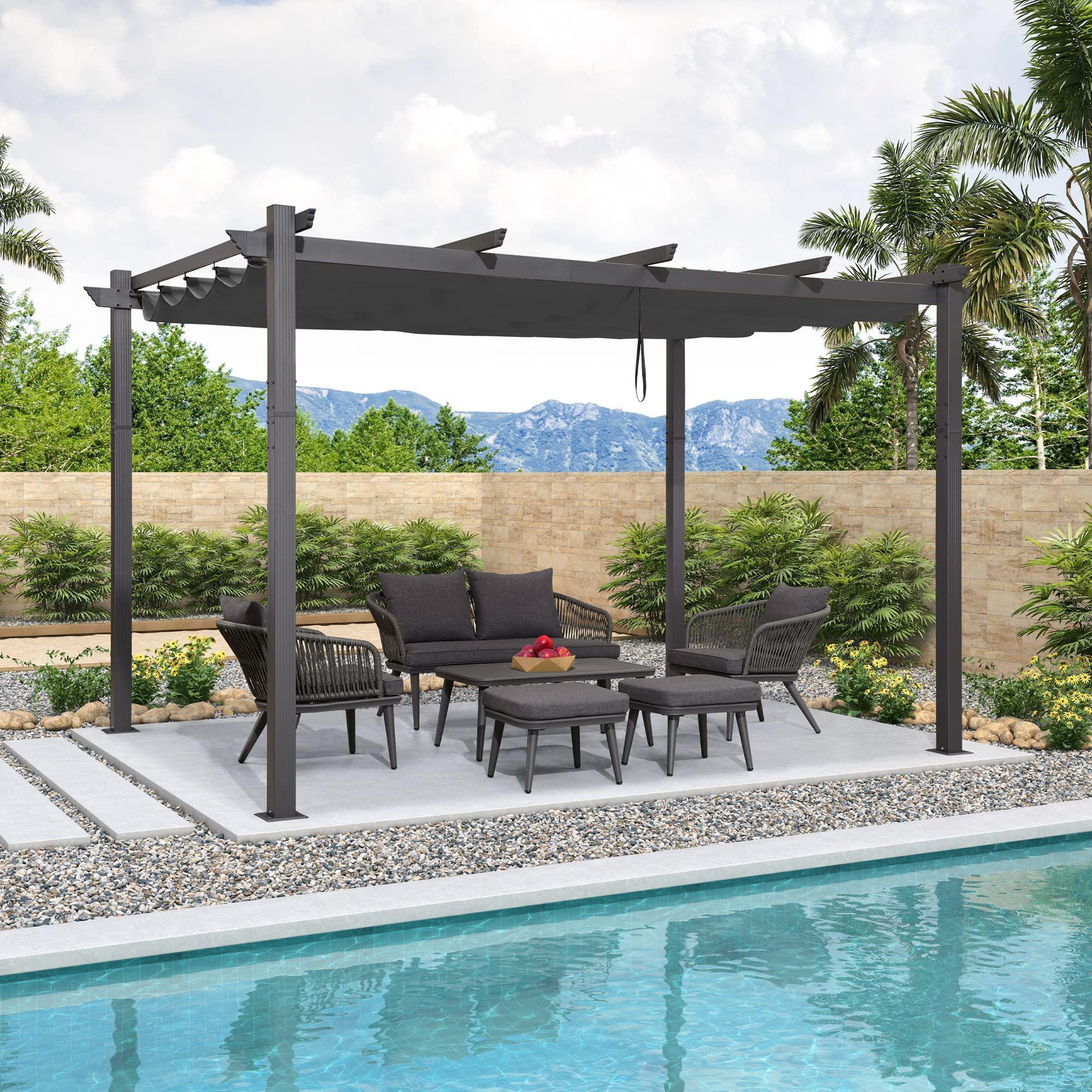 PURPLE LEAF Outdoor Pergola with Retractable Canopy Aluminum Shelter for Porch Garden  Beach Shade Pavilion Pergola Modern Backyard Deck