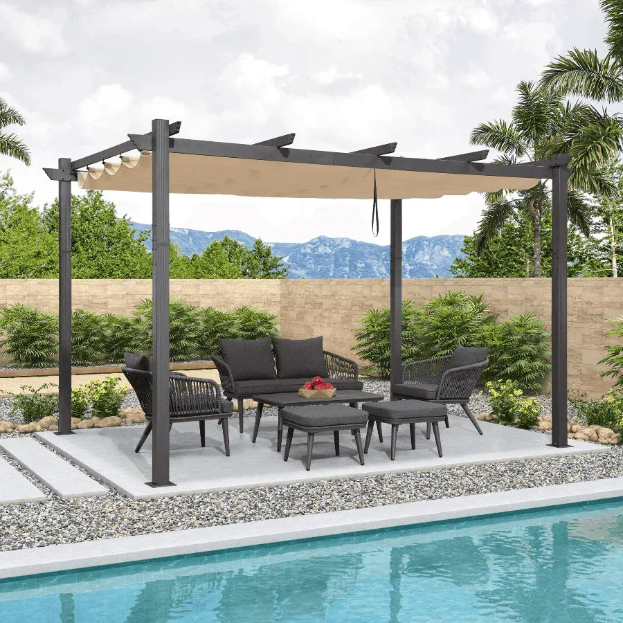 PURPLE LEAF Outdoor Pergola with Retractable Canopy Aluminum Shelter for Porch Garden  Beach Shade Pavilion Pergola Modern Backyard Deck