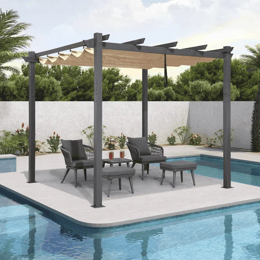 PURPLE LEAF Outdoor Pergola with Retractable Canopy Aluminum Shelter for Porch Garden  Beach Shade Pavilion Pergola Modern Backyard Deck