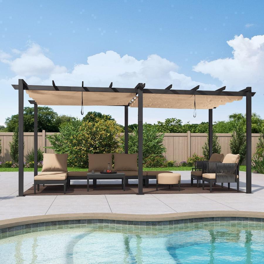 PURPLE LEAF Outdoor Pergola with Retractable Canopy Aluminum Shelter for Porch Garden  Beach Shade Pavilion Pergola Modern Backyard Deck