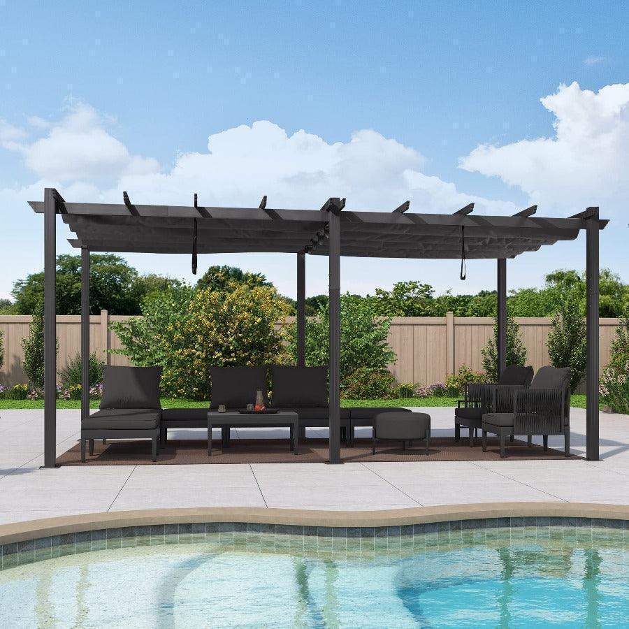 PURPLE LEAF Outdoor Pergola with Retractable Canopy Aluminum Shelter for Porch Garden  Beach Shade Pavilion Pergola Modern Backyard Deck