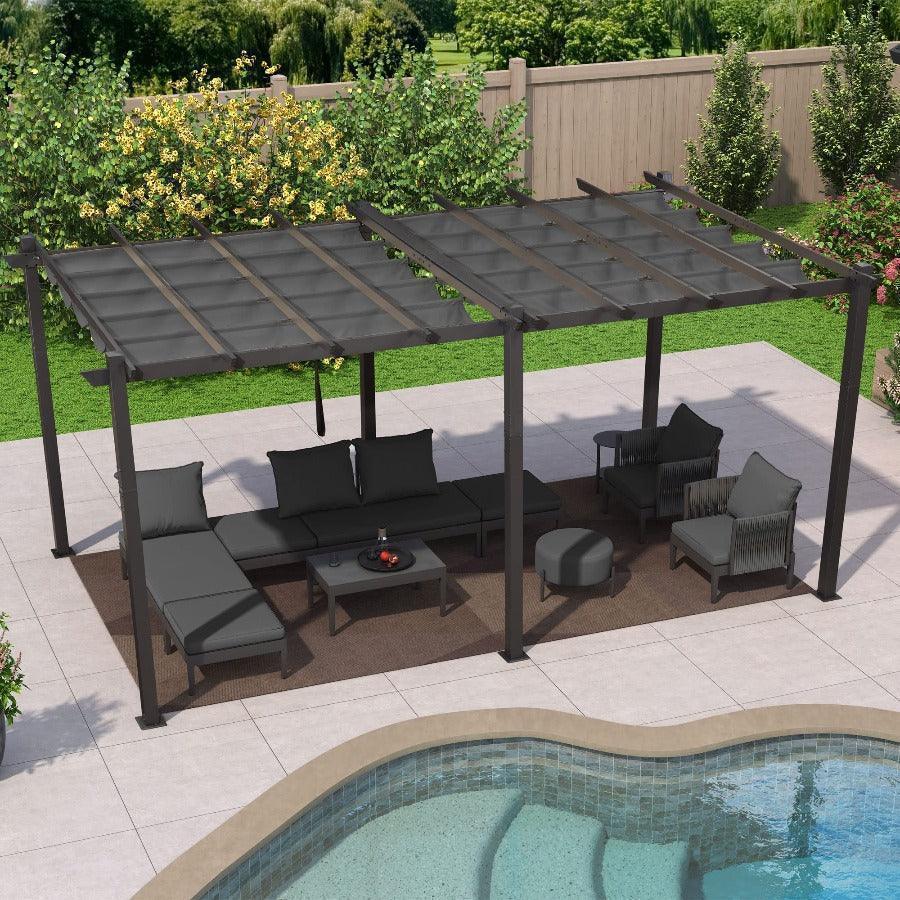 PURPLE LEAF Outdoor Pergola with Retractable Canopy Aluminum Shelter for Porch Garden  Beach Shade Pavilion Pergola Modern Backyard Deck