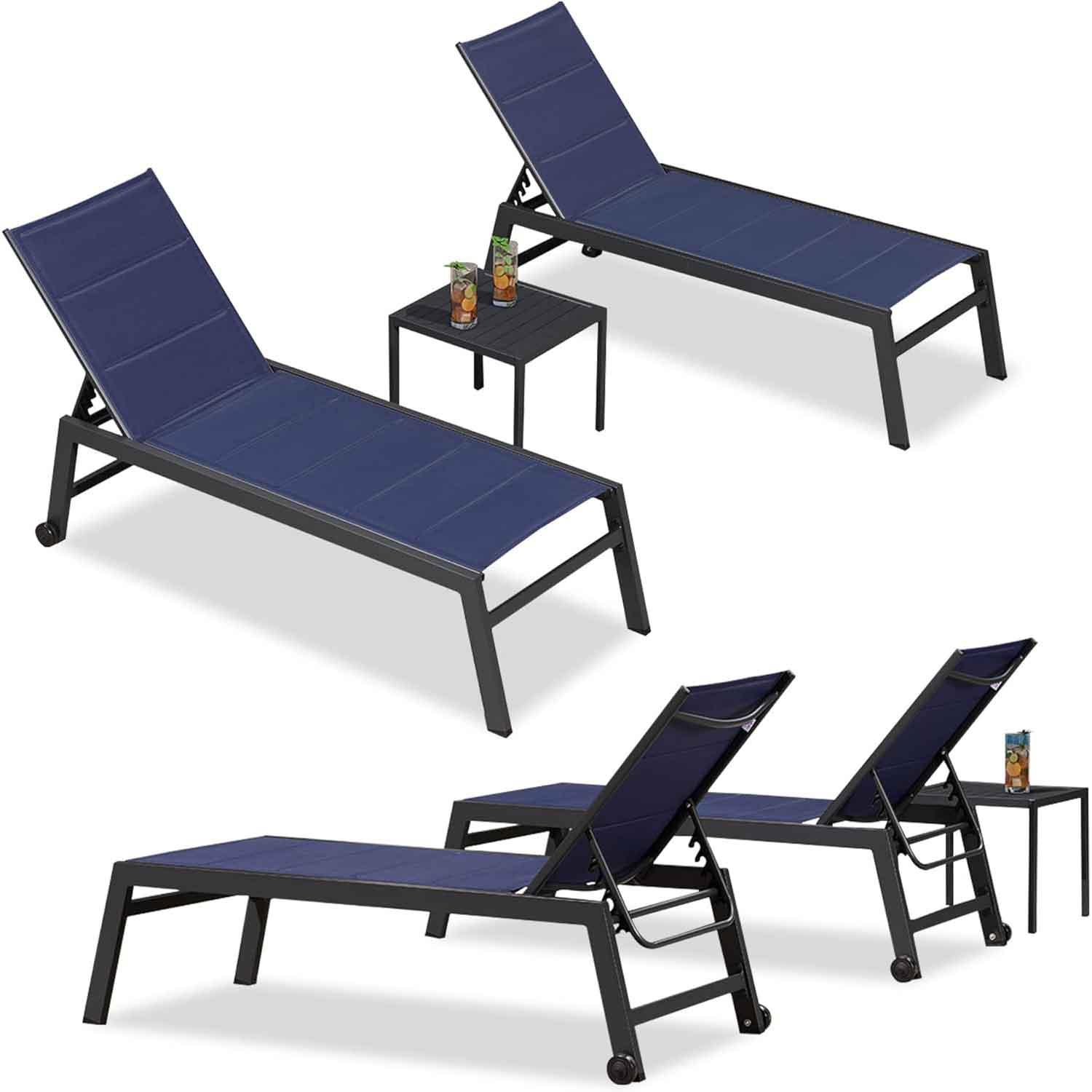 【SALE】PURPLE LEAF Outdoor Chaise Lounge Aluminum with Side Table and Wheels Reclining Chair